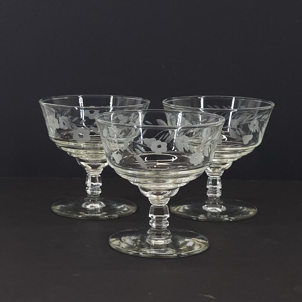 Vtg Champagne Coupe Glass Etched Floral Sherbet Cocktail Appetizer Replacement 3